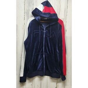 FILA Jacket Men L Navy Blue Velour Track Hoodie Big SpellOut OG Streetwear